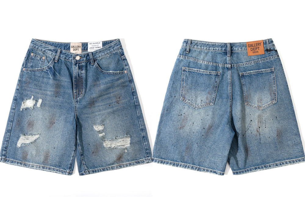 Gallery Dept. Distressed Paint Splatter Denim Shorts - Medium Blue