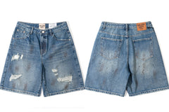 Gallery Dept. Distressed Paint Splatter Denim Shorts - Medium Blue