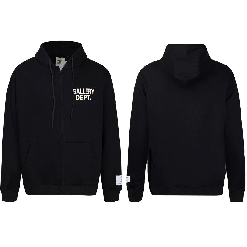 Gallery Dept Solid Black White Logo Full Zip Up Hoodie