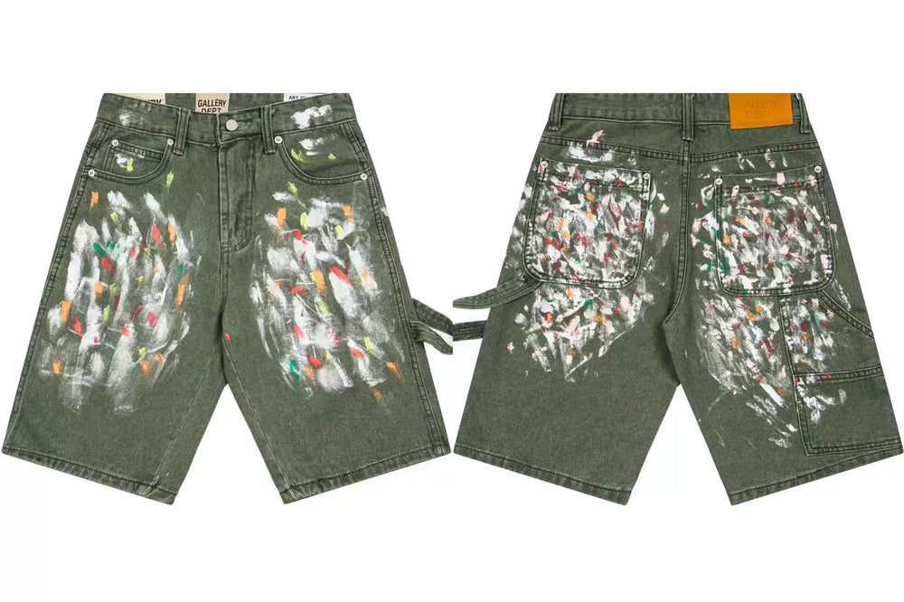 Gallery Dept. Heavy Paint Splatter Distressed Denim Shorts - Army Green