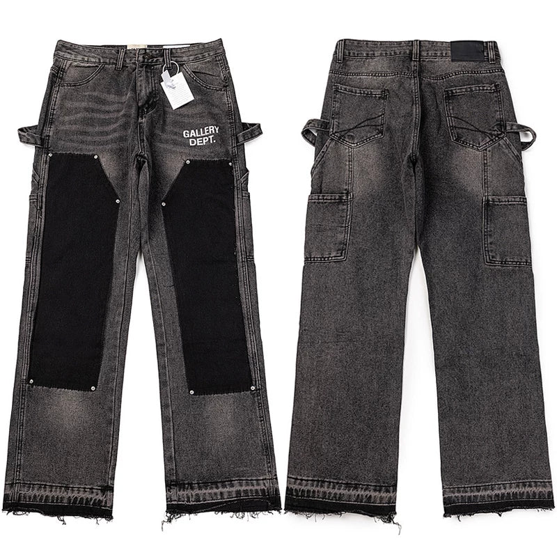 Gallery Dept. Contrast Knee Patch Distressed Black Denim Cargo Jeans
