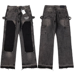 Gallery Dept. Contrast Knee Patch Distressed Black Denim Cargo Jeans