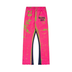 Gallery Dept. "GALERIE DEPT." Lime Green Tie-Dye Wash Contrast Panel Sweatpants - Hot Pink