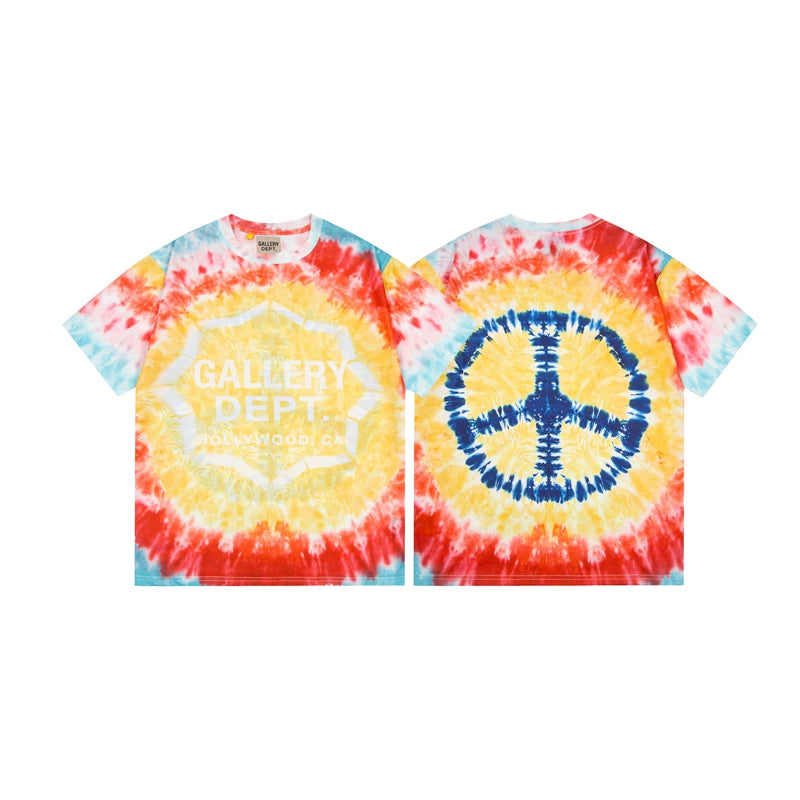 Gallery Dept. Sunburst Tie-Dye Peace Sign Short Sleeve T-Shirt - Red/Yellow/White