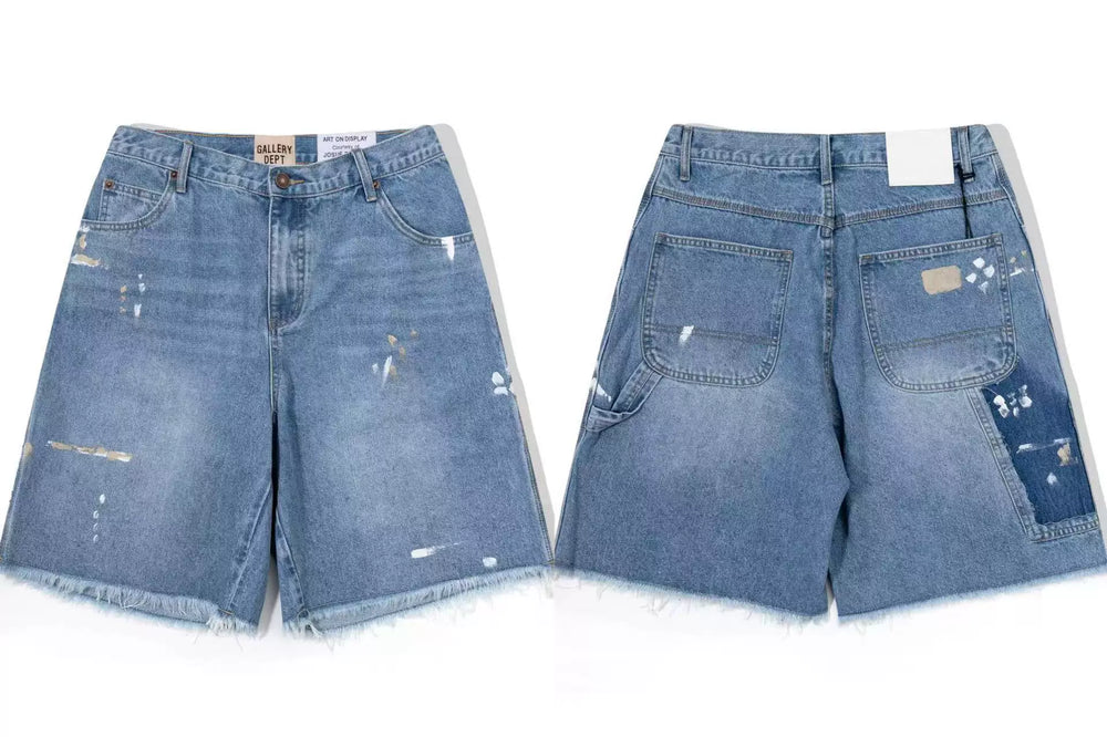 Gallery Dept. Raw-Edge Paint Splatter Denim Shorts - Medium Blue