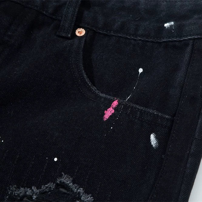 Gallery Dept. Distressed Paint Splatter Black Denim Shorts