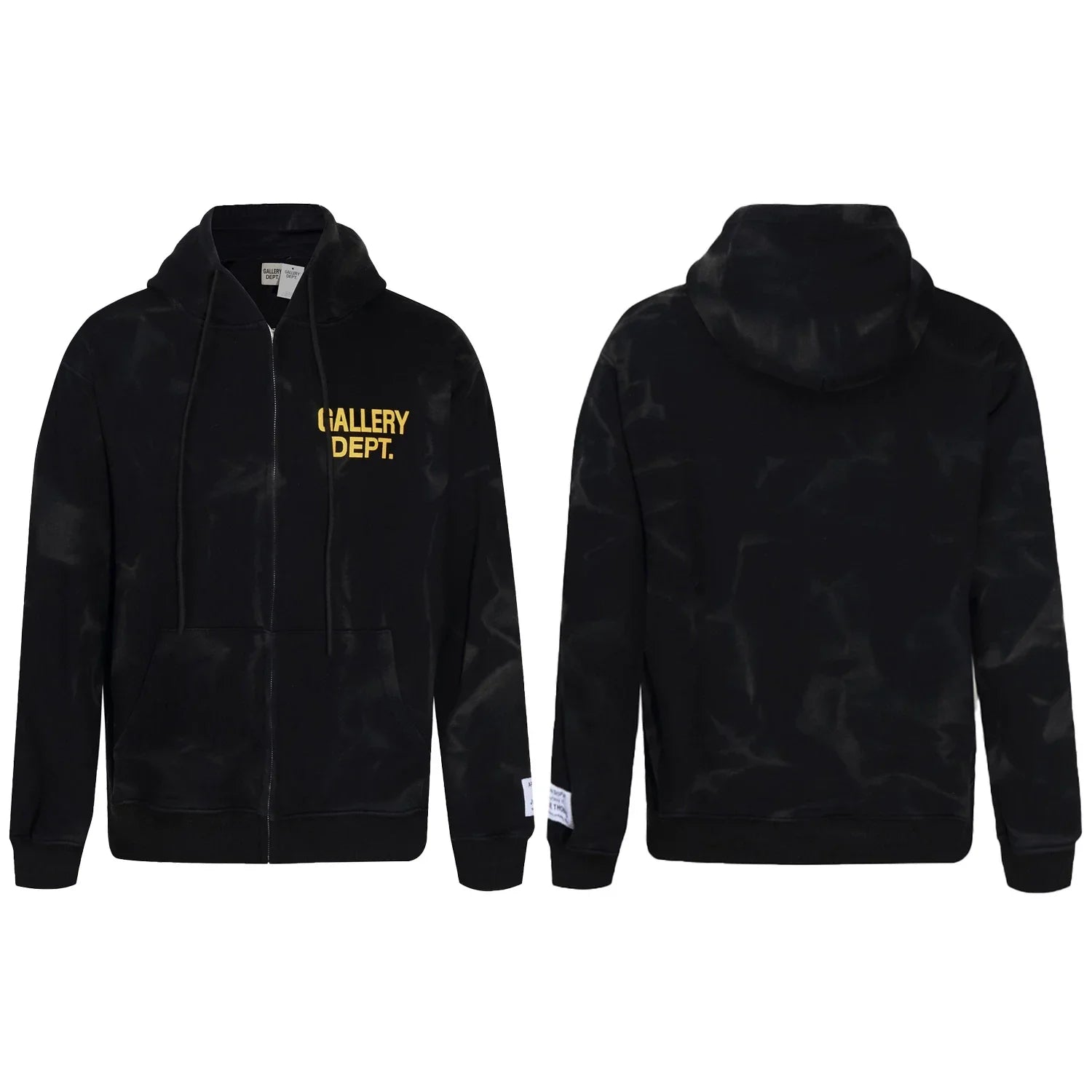 Gallery Dept Black Marble Tie‑Dye Yellow Logo Full Zip Up Hoodie
