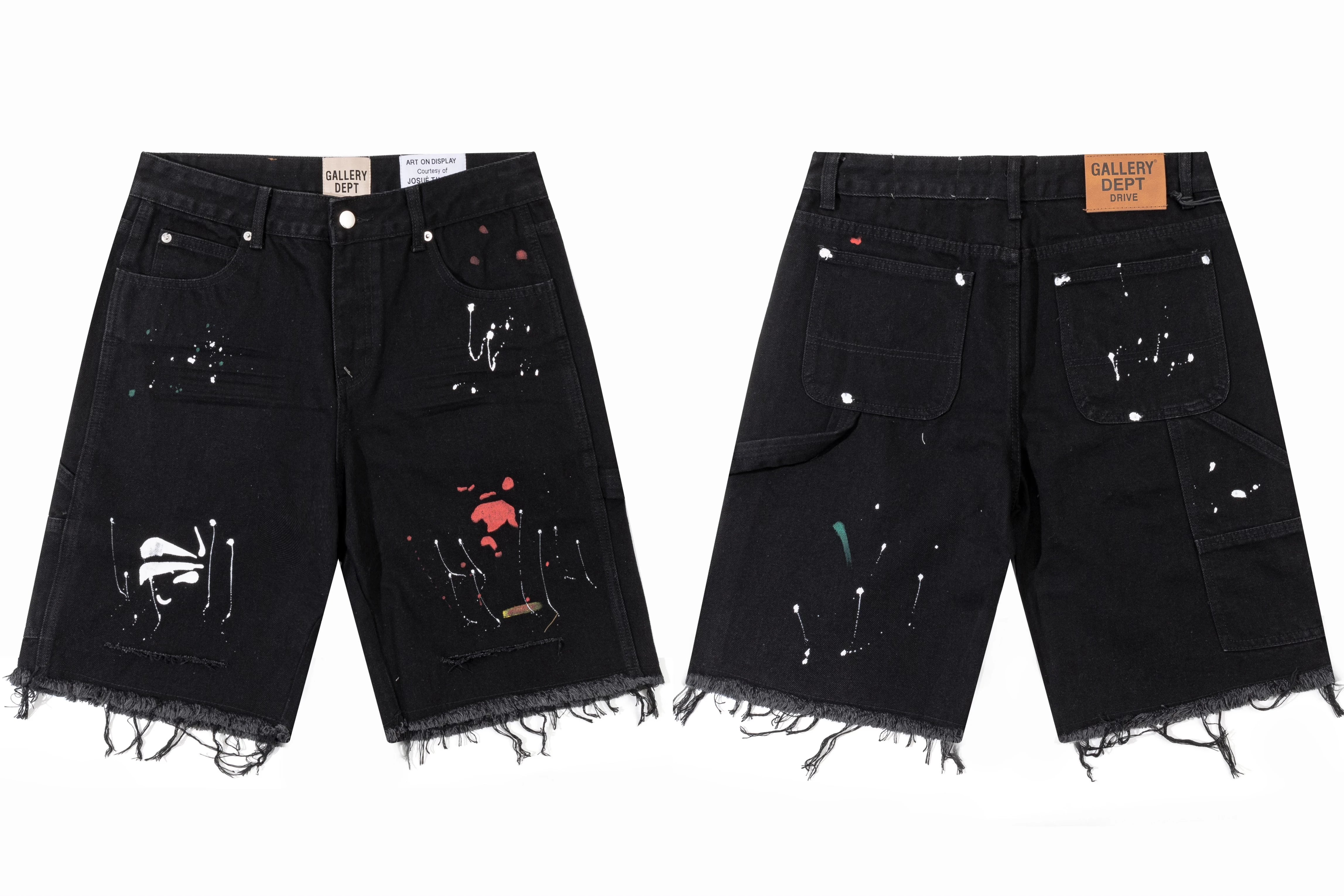 Gallery Dept. Raw-Edge Distressed Paint Splatter Denim Shorts - Black