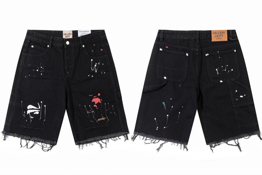 Gallery Dept. Raw-Edge Distressed Paint Splatter Denim Shorts - Black