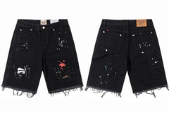 Gallery Dept. Raw-Edge Distressed Paint Splatter Denim Shorts - Black