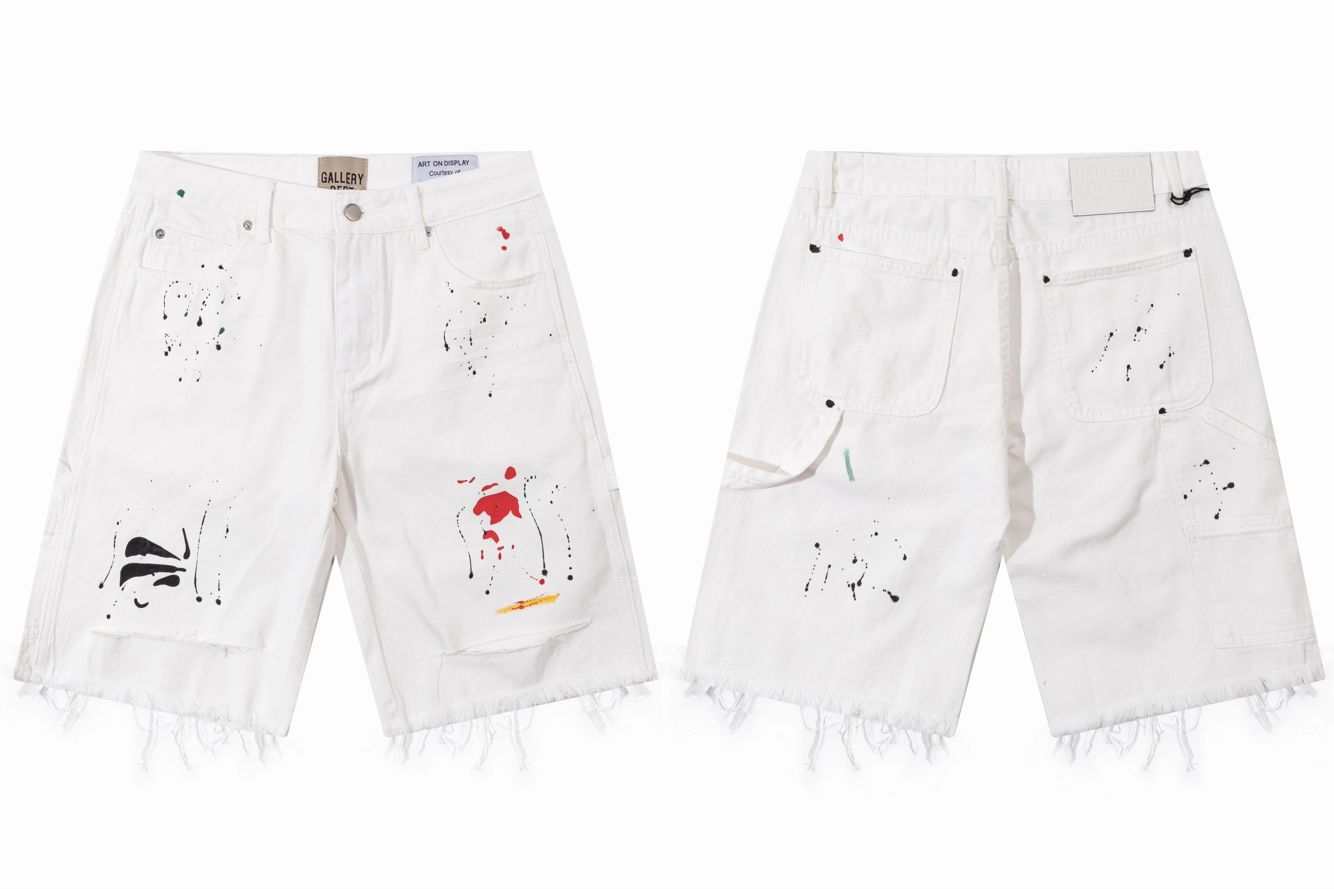 Gallery Dept. Raw-Edge Distressed Paint Splatter Denim Shorts - White