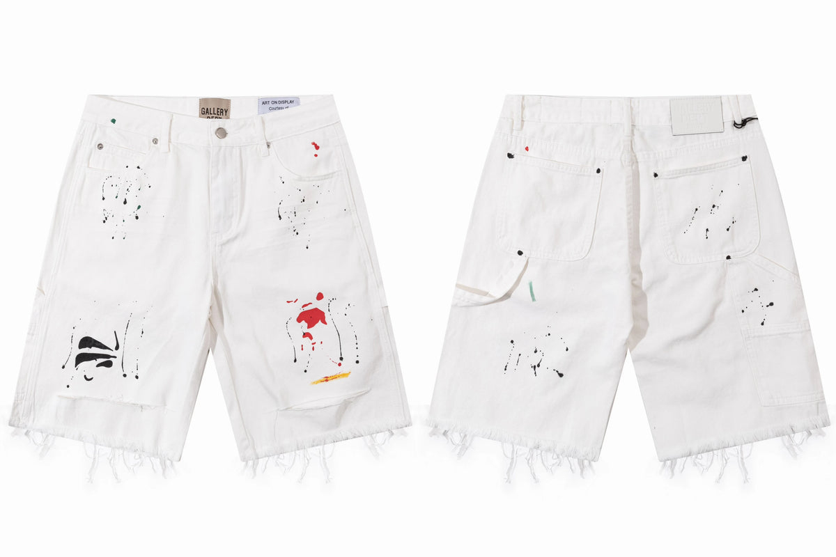 Gallery Dept. Raw-Edge Distressed Paint Splatter Denim Shorts - White