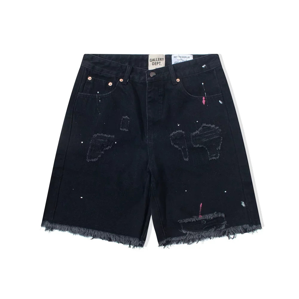 Gallery Dept. Distressed Paint Splatter Black Denim Shorts