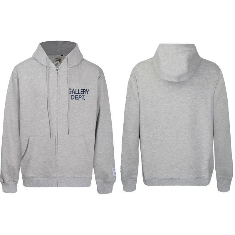 Gallery Dept Heather Grey Navy Blue Logo Full Zip Up Hoodie