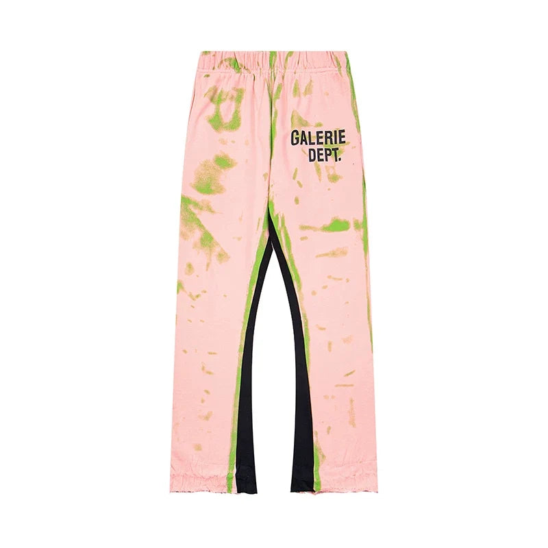 Gallery Dept. "GALERIE DEPT." Lime Green Tie-Dye Wash Contrast Panel Sweatpants - Soft Pink