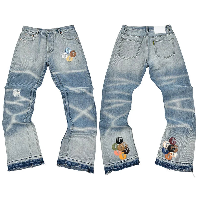 Gallery Dept. Graphic Logo & Spray Stripe Distressed Denim Jeans