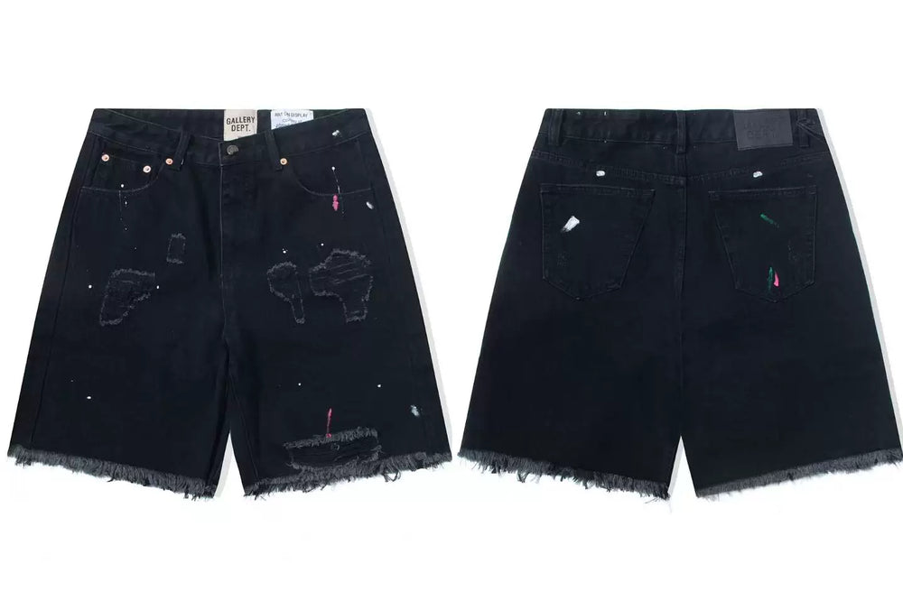 Gallery Dept. Paint Splatter Distressed Denim Shorts - Black