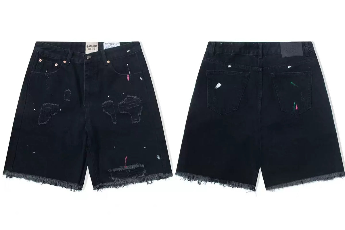 Gallery Dept. Paint Splatter Distressed Denim Shorts - Black