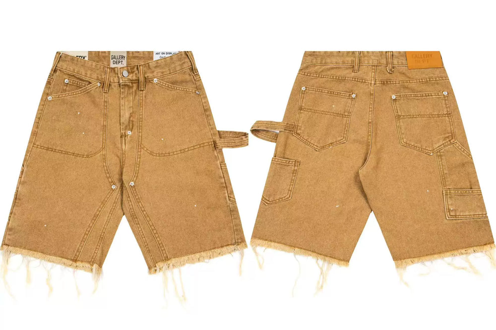 Gallery Dept. Cargo-Style Raw-Edge Denim Shorts - Khaki
