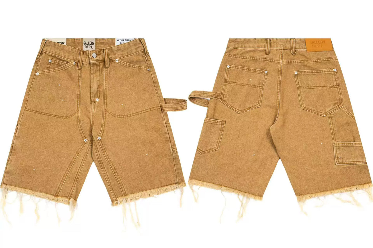 Gallery Dept. Cargo-Style Raw-Edge Denim Shorts - Khaki
