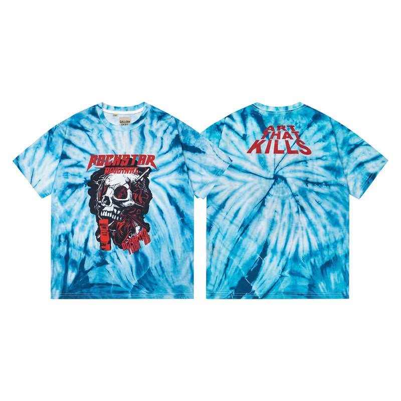Gallery Dept. Sunburst Tie-Dye Rockstar Skull Short Sleeve T-Shirt - Blue