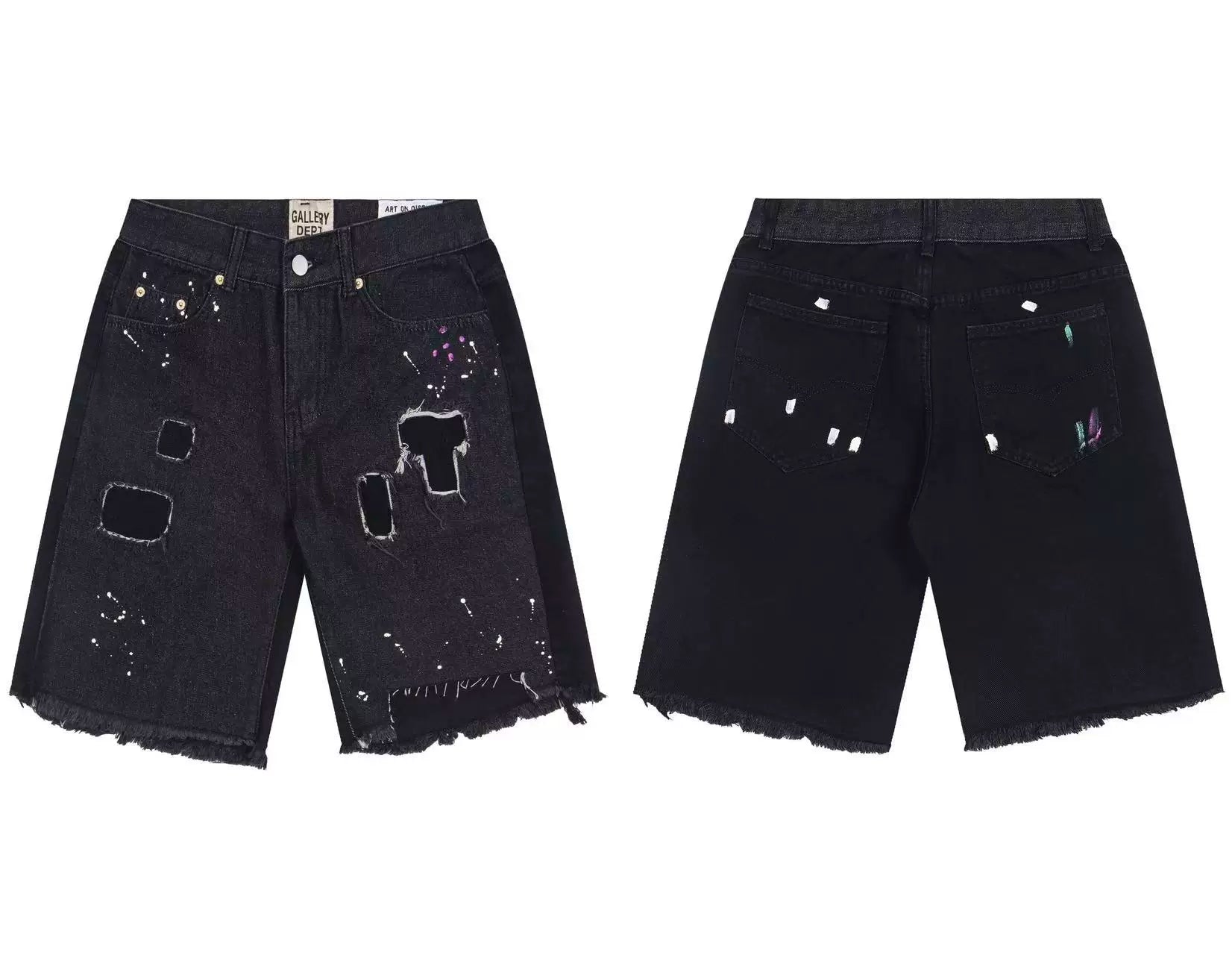 Gallery Dept. Patched Distressed Paint Splatter Denim Shorts - Black