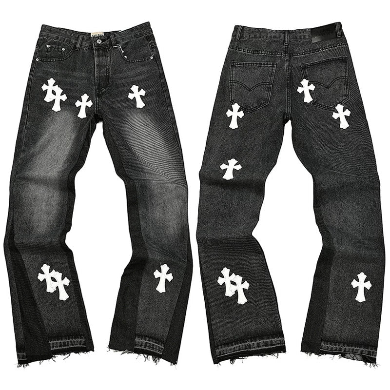 Gallery Dept. White Cross Patch Contrast Side Panel Washed Black Denim Jeans